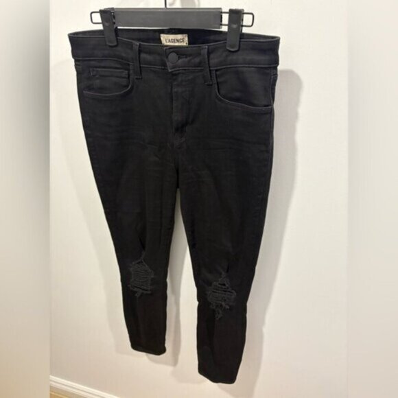 LIKE NEW- L'AGENCE High Rise Margot Skinny Jeans Black Ripped- Size 29 - Picture 5 of 9